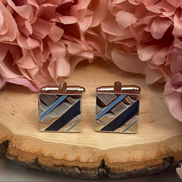 Classic Blue, Silver and Black Stripe Cufflinks - Picture 8 of 15